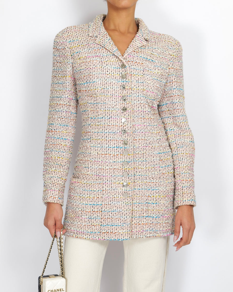 Chanel Vintage 96P Pink and Multi-Colour Tweed Long Jacket with Silver CC Logo Buttons Size FR 44 (UK 16)