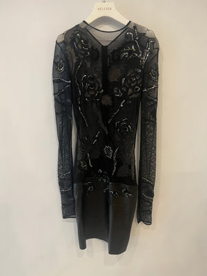 Jitrois Black Leather and Mesh Mini Dress with Crystal Embellished Suede Appliques Size FR 36 (UK 8)