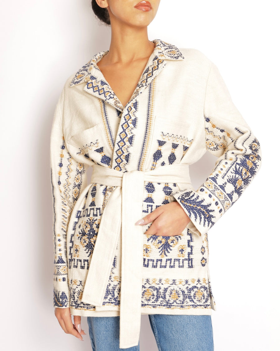 Etro Beige and Navy Aztec Belted Jacket with Abstract Print Details Size IT 48 (UK 16)