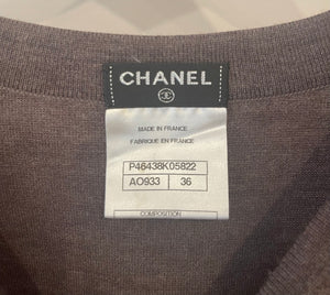 Chanel Brown Wool T-Shirt with CC Logo Embroidered Pocket Detail Size FR 36 (UK 8)