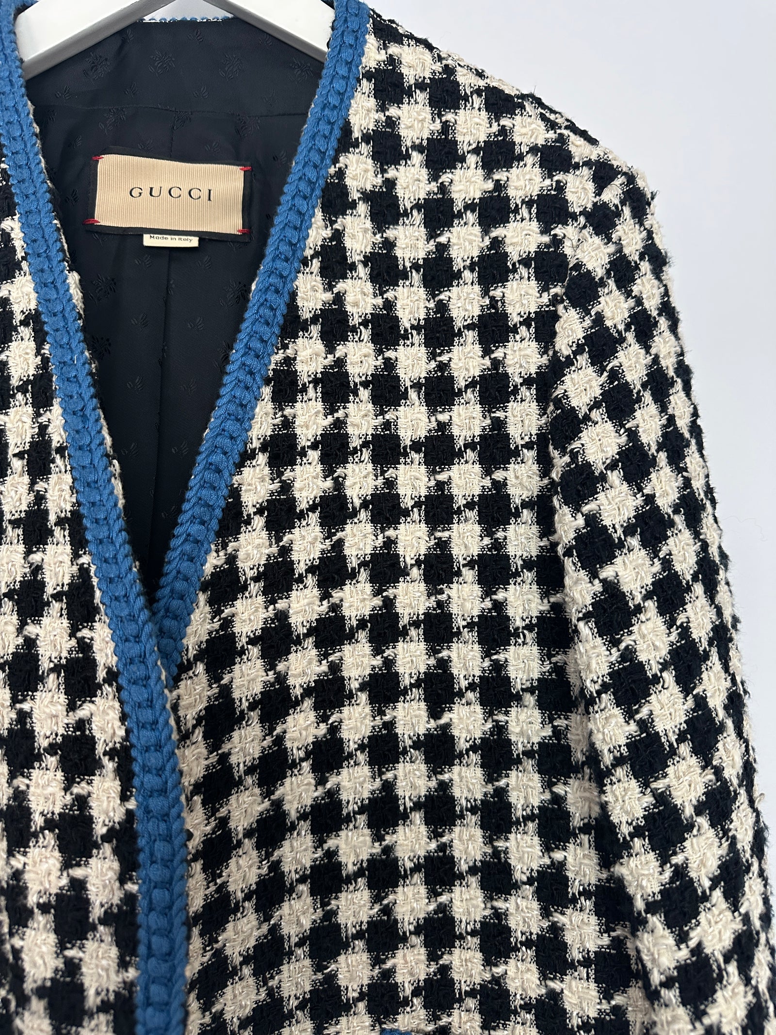Gucci Black & White Houndstooth Wool Jacket with Electric