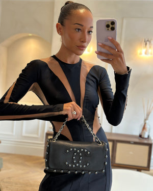 Chanel Black Pearl Obsession Lambskin Small Single Flap Bag with Pearl Logo and Trim Details and Silver Hardware