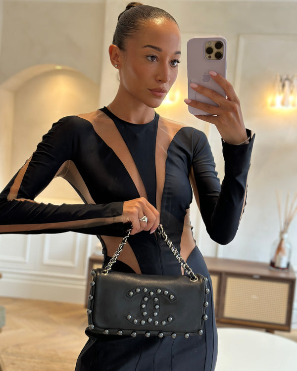 Chanel Black Pearl Obsession Lambskin Small Single Flap Bag with Pearl Logo and Trim Details and Silver Hardware