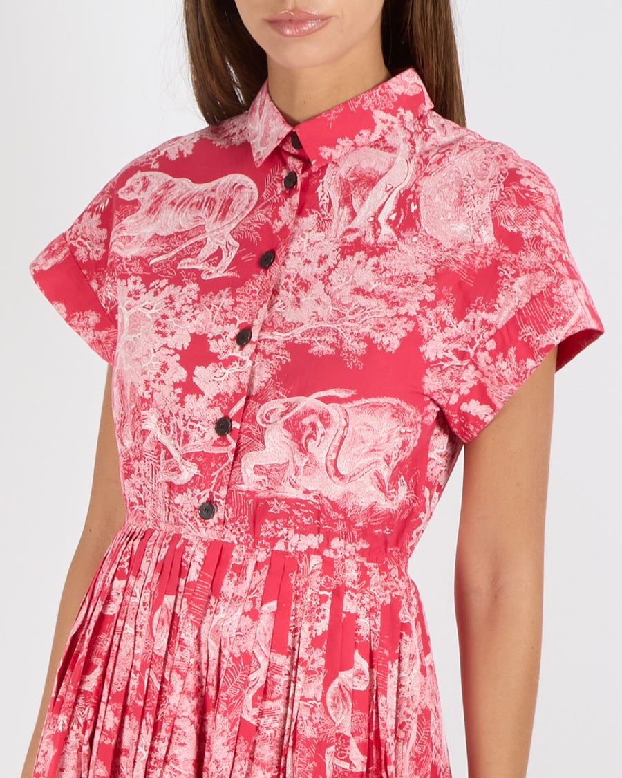 Christian Dior Pink Dioriviera Toile De Jouy Printed Short-Sleeved Mini Dress with Pleated Skirt and Black Buttons Size FR 36 (UK 8) RRP £2,500