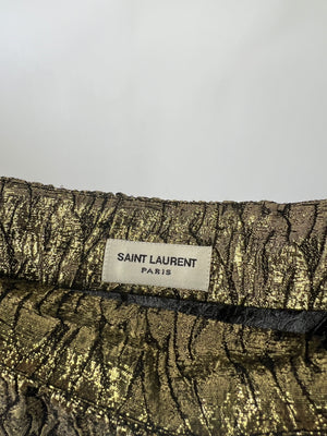 Saint Laurent Gold Off-Shoulder Longsleeved Top with Feather Print Detail Size FR 36 (UK 8)