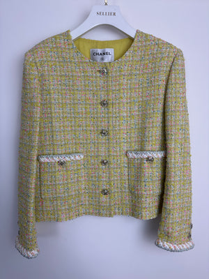 Chanel 24C Yellow, White, Pink & Blue Metallic Tweed Check Collarless Jacket with Crystal CC Buttons Size FR 44 (UK 16) RRP £6,500