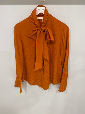 Chloe Orange Silk Printed Shirt with Neck-Tie Detail Size FR 34 (UK 6)