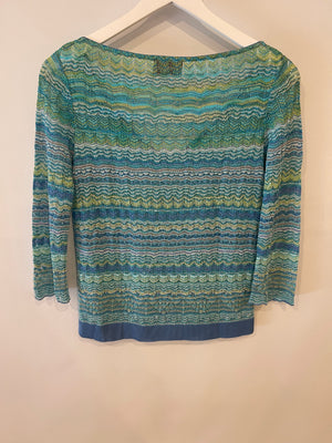 Missoni Blue and Green Metallic Long Sleeve Top Size UK 8/10