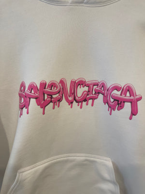Balenciaga White Hooded Sweater with Pink Logo Size L (UK 10/12) RRP £1,100