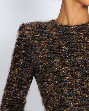 Balmain Brown Tweed Long-Sleeved Mini Dress with Metallic Details and Fringed Trims Size FR 38 (UK 10)