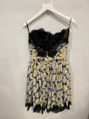 Dolce & Gabbana Black and White Daisy Printed Sleeveless Mini Dress with Rouched Bustier Top Detail and Black Lace Trims Size IT 38 (UK 6)