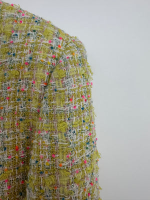 Chanel 24C Yellow, White, Pink & Blue Metallic Tweed Check Collarless Jacket with Crystal CC Buttons Size FR 44 (UK 16) RRP £6,500