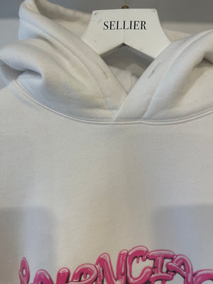 Balenciaga White Hooded Sweater with Pink Logo Size L (UK 10/12) RRP £1,100