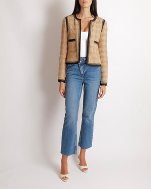 Chanel Vintage 08A Beige Wool Jacket with Black Trims and Brushed Champagne Gold CC Logo Buttons Size FR 38 (UK 10)