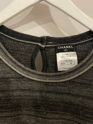 Chanel Grey Striped Cashmere Metallic Thread Long-Sleeve Top Size FR 38 (UK 10)
