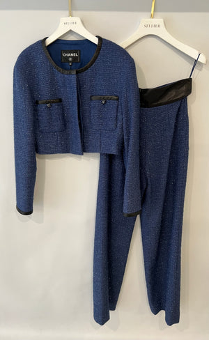 Chanel Cruise 2019 Blue Tweed Cropped Jacket and Trousers Set with CC Logo Buttons and Black Leather Trims Size FR 36/38 (UK 8/10)
