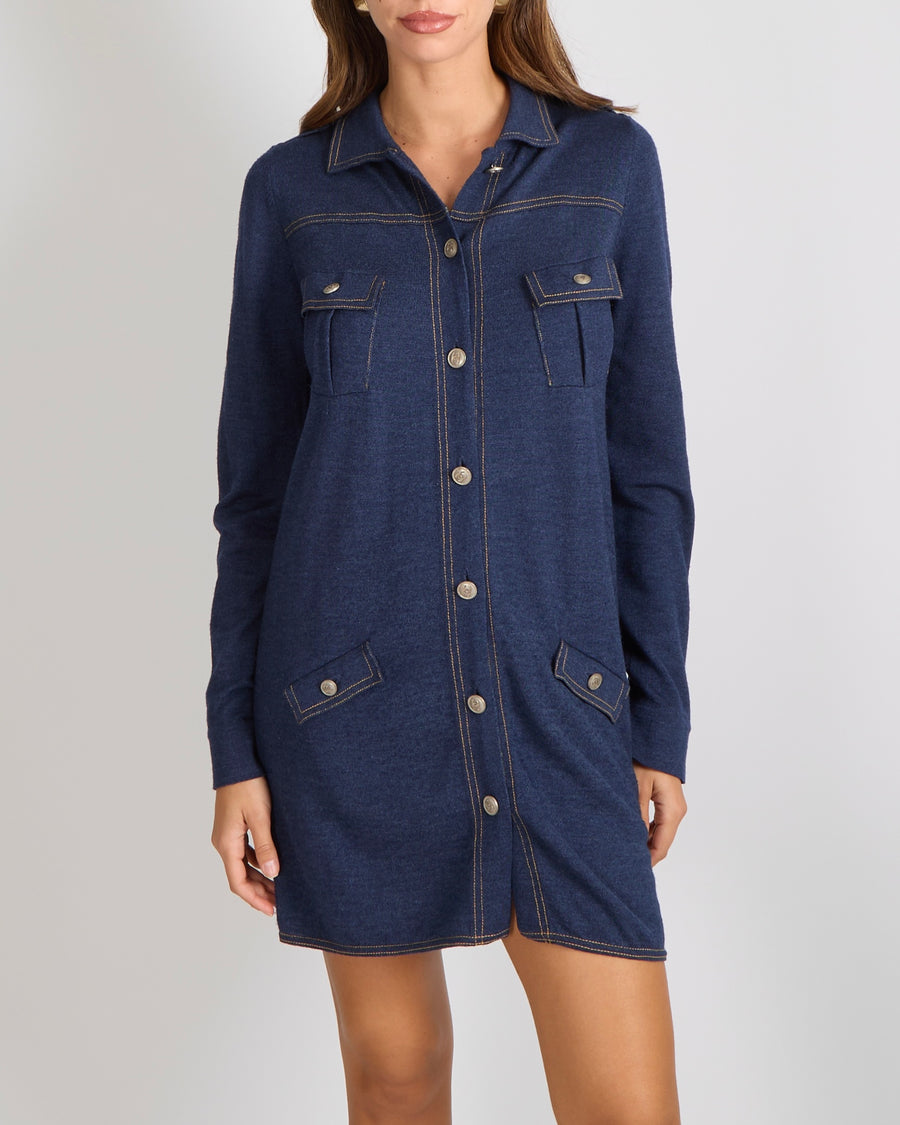 Chanel Denim Blue Wool Mini Long-Sleeve Dress with Silver CC Logo Buttons Size FR 42 (UK 14)