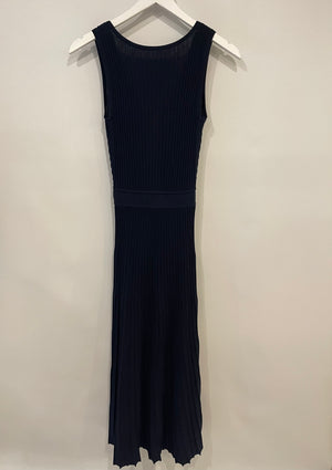 Loro Piana Navy Silk Sleeveless Elastic Pleated Midi Dress Size XS (UK 6)