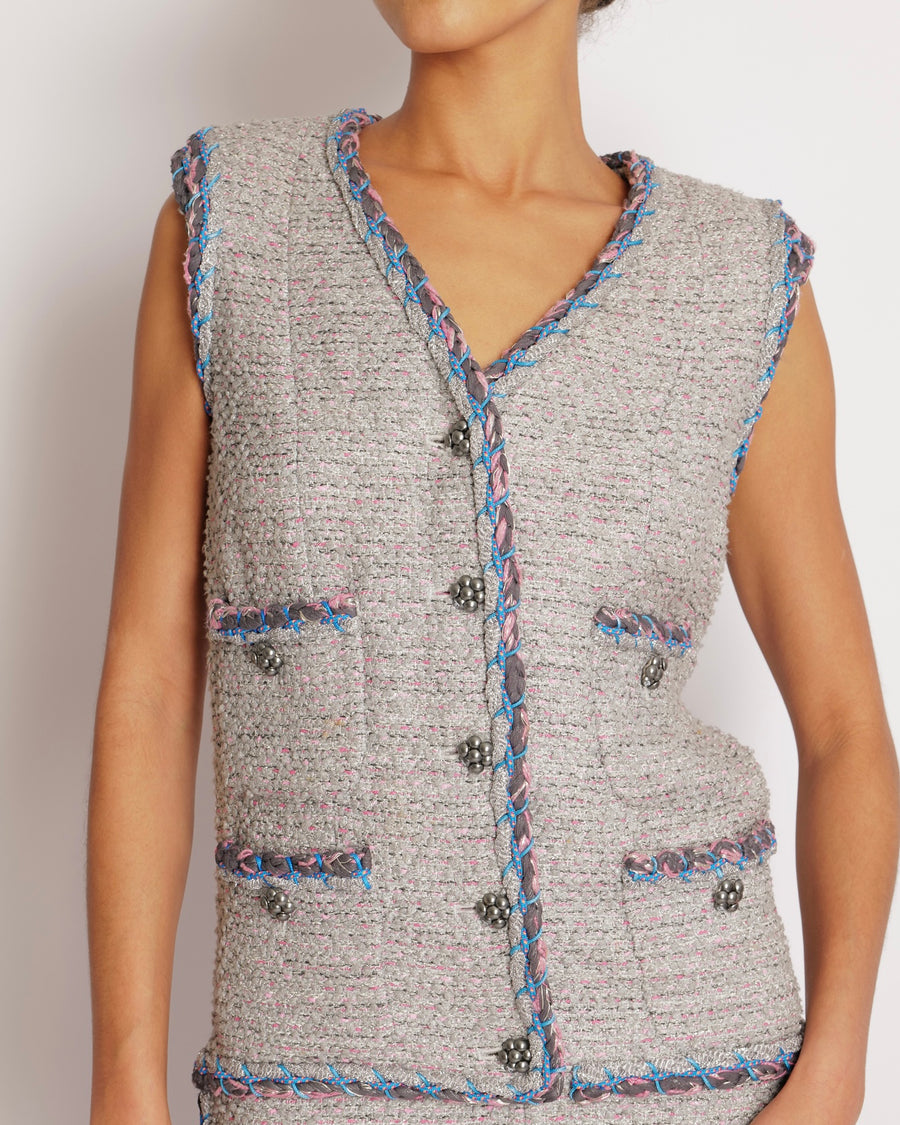 Chanel Spring 2014 Silver Metallic Sleeveless Tweed Mini Dress with Blue and Pink Details with Silver Beaded CC Logo Buttons Size FR 34 (UK 6)
