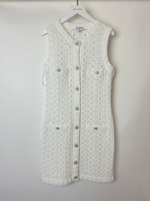 Chanel 24P White Knit Button Down Mini Dress with Pocket and CC Buttons Size FR 34 (UK 6)