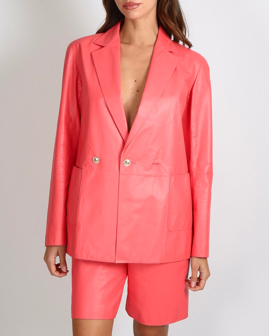 Chanel 21 Cruise Pink Calfskin Leather Blazer Jacket with Gold CC Logo Buttons Size FR 38 (UK 10)