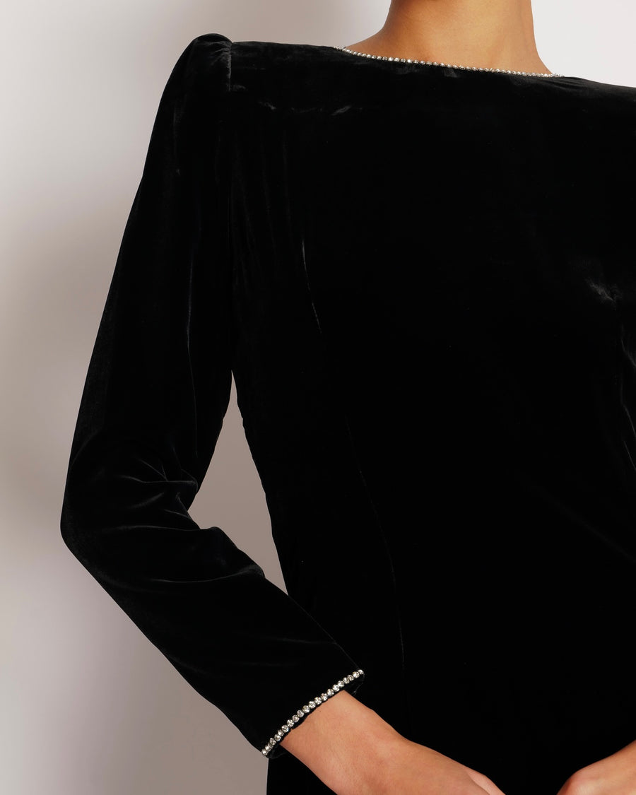 Gucci Black Velours Midi Dress with Bow Detail and Crystal Embellished Trims Size IT 38 (UK 6)