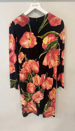 Dolce & Gabbana Black Long-Sleeved Midi Dress with Pink Floral Prints Size IT 44 (UK 12)