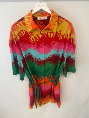 Valentino 2022 Escape Multi-Colour Silk Shirt Dress with Logo Print and Waist Tie Detail Size IT 40 (UK 8)