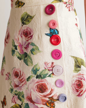 Dolce & Gabbana Pink Floral Mini Skirt with Large Button Details and Back Logo Size IT 40 (UK 8) RRP £800