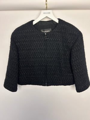 Chanel Black Collarless Long Sleeve Cropped Tweed Zip-Up Jacket Size FR 38 (UK 10)