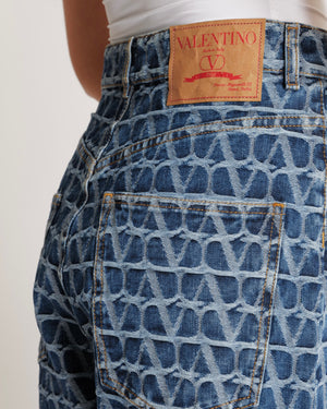 Valentino Blue High-Waisted Wide Leg Jeans with VLogo Print and Gold Button Detail Size 24 (UK 6) RRP £1,240