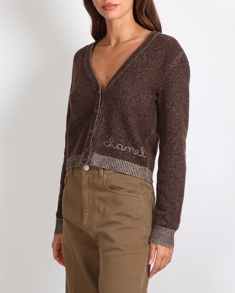 Chanel Fall 2001 Vintage Brown Cashmere Cardigan with Logo and Gold CC Logo Buttons Size FR 38 (UK 10)