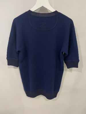 Chanel Electric Blue Short-Sleeve Cashmere Top with CC Logo Details Size FR 36 (UK 8)