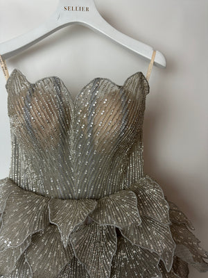 Sophie Couture Light Grey Hand Beaded Strapless Bodice Gown with Silver Leaf Embellishments  IT 40 (UK 8)