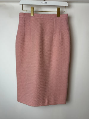 Chanel 93C Pink Tweed Skirt and Jacket Set with Logo Buttons and Pocket Detail FR 38 (UK 10)