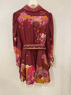 Zimmermann Pink Star Printed Long-sleeve Silk Dress with Crystal Embellishments and Belt Size 1 (UK 10)