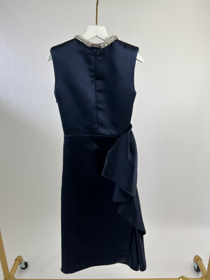 Alexander McQueen Navy Silk Midi Dress with Ruching and Silver Diamante Neck Detail Size IT 38 (UK 6)