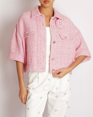 Chanel Pink Tweed Cropped Jacket with Pink Mother of Pearl and Silver CC Logo Buttons and Camellia Brooch Size FR 46 (UK 18)