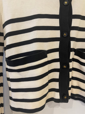 Chanel Black and White Striped Cardigan with Gold CC Logo Buttons Size  FR 42 (UK 14)
