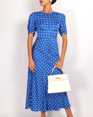 Self Portrait Blue and White Satin Polka Dot Short-Sleeved Maxi Dress with Rouching Detail Size UK 12