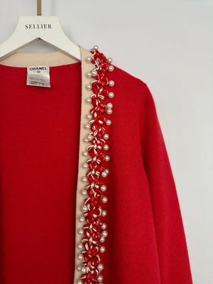 Chanel 10P Red Knitted Long Sleeve Cardigan with Pearls & Cream Braided Trim Details FR 36 (UK 8)