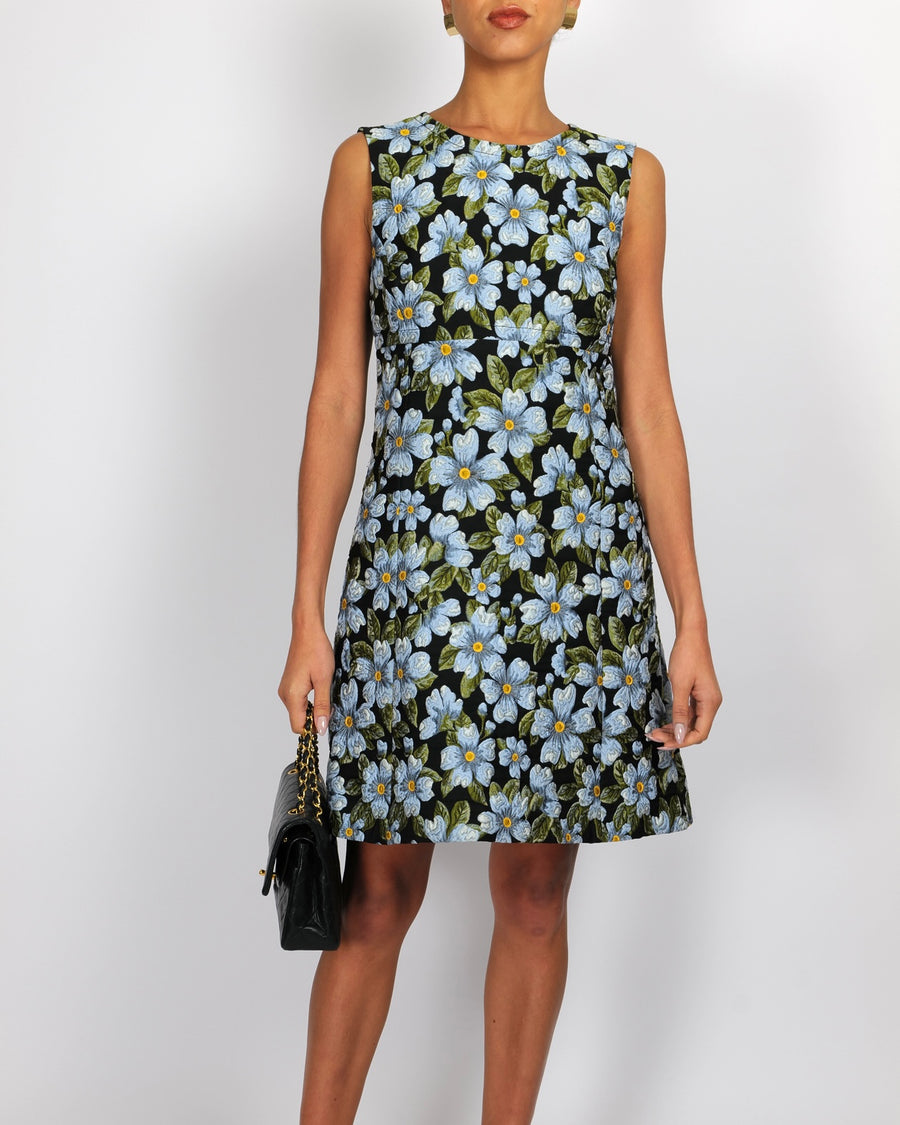 Dolce & Gabbana Black Sleeveless Mini Dress with Blue Floral Prints Size IT 42 (UK 10)