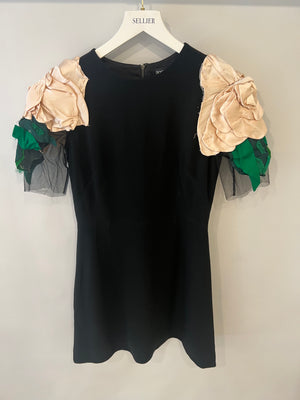 Dolce & Gabbana Black Mini Dress with Mesh Short Sleeves and Floral Shoulder Details Size IT 42 (UK 10)