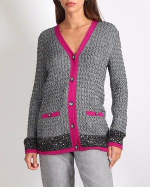 Chanel Fall 2021 Silver Metallic Knit Cardigan with Pink Trim and CC Crystal Buttons Size FR 34 (UK 6)