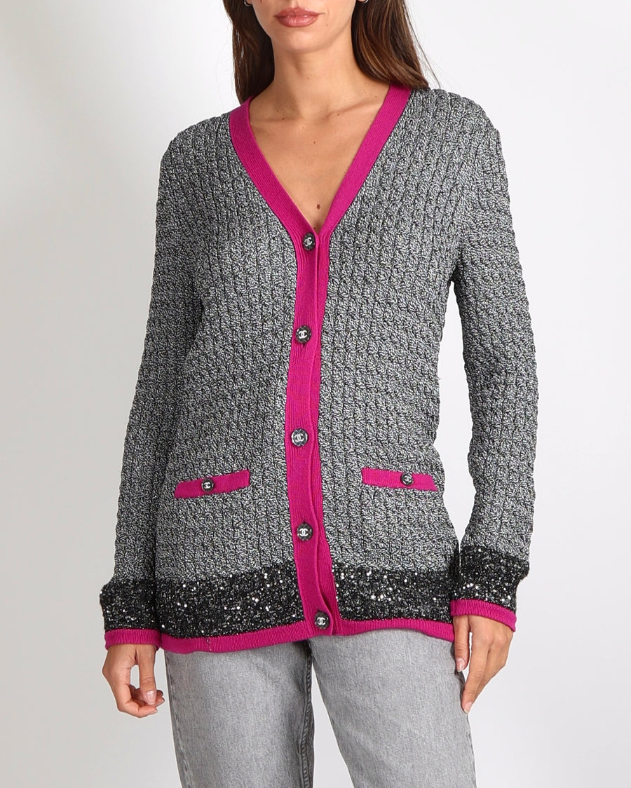 Chanel Fall 2021 Silver Metallic Knit Cardigan with Pink Trim and CC Crystal Buttons Size FR 34 (UK 6)