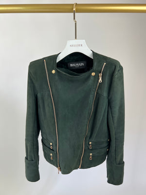 Balmain Green Leather Lambskin Biker Jacket with Gold Buttons & Shoulder Pad Detail Size FR 38 (UK 10)