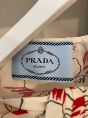 Prada 2023 SS Cream and Red Sablé Printed Midi Dress with Black Logo Detail Size IT 42 (UK 10) RRP £2,950