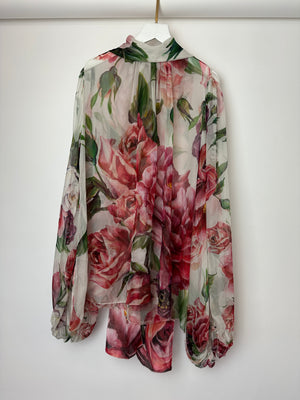 Dolce & Gabbana Blush Green, Pink and Purple Floral Sheer Silk Blouse with Bow Neckline Size IT 44 (UK 12)