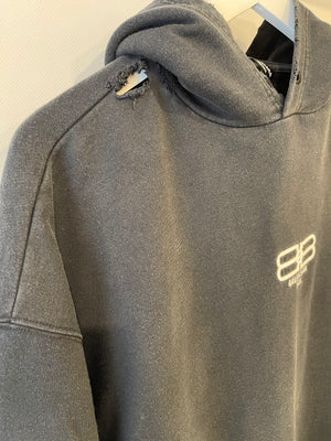 Balenciaga Black Distressed Hoodie with BB Logo Details Size S (UK 8)