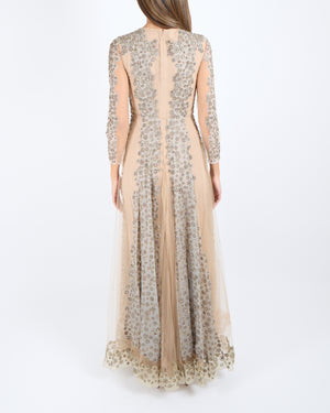 Valentino Beige Tulle Long-Sleeved Gown with Grey Panels and Silver and Multi-Colour Crystal Embellishments Size IT 38 (UK 6)
